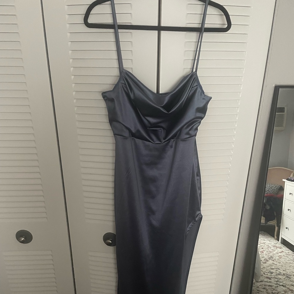 Steel blue stain-like cowl neck dress